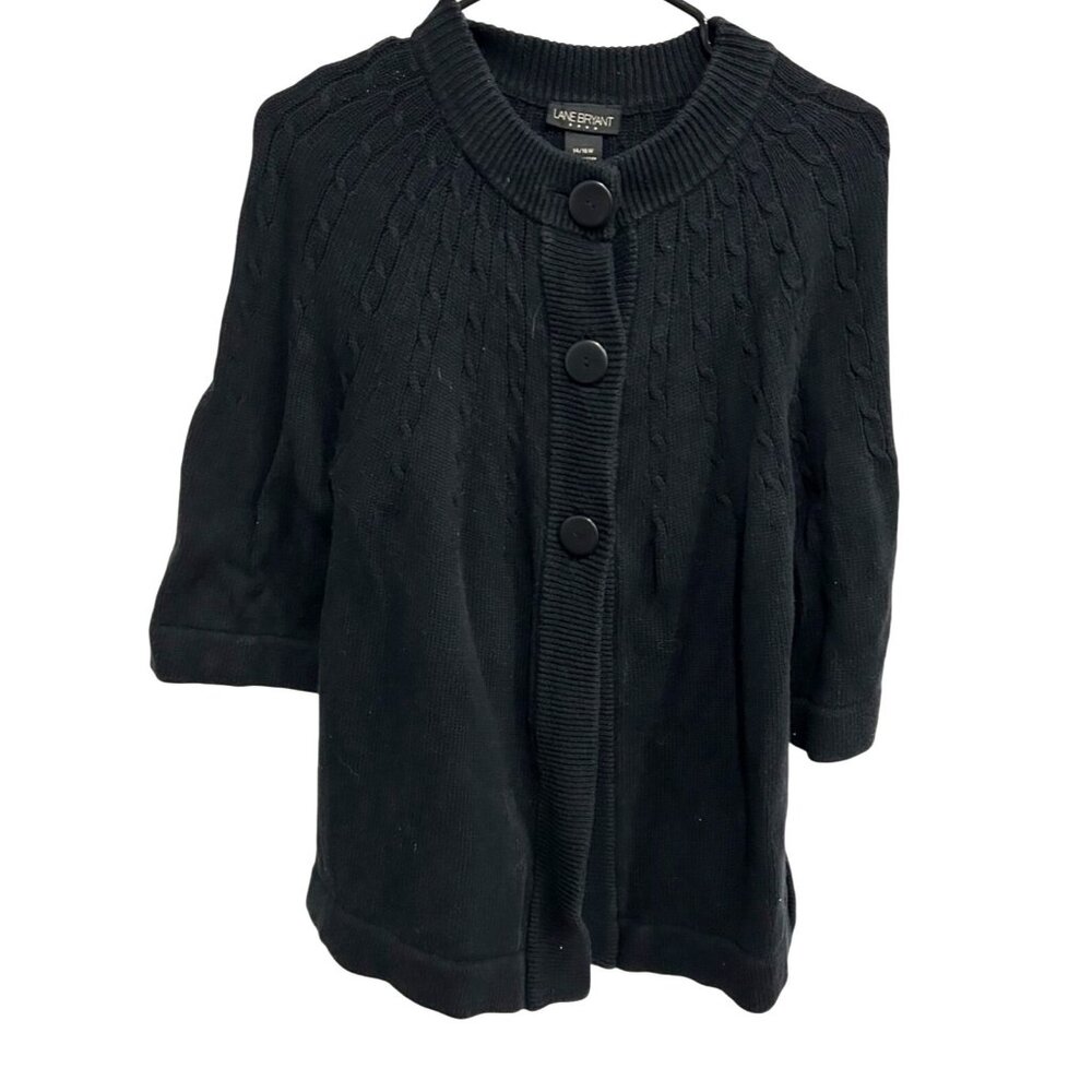 Lane Bryant Black Cable Knit Cardigan 3/4 Sleeve Button Front Size 14